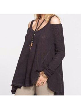 Free People Moonshine Dark Gray V-Neck Cold Shoulder A-Line Knit Sweater